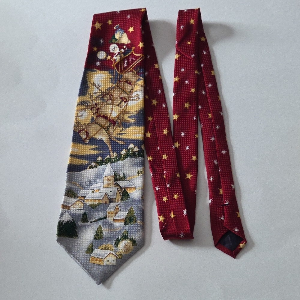 Vintage Retro Holiday Village Santa Sleigh Luxury Silk Men's Tie Made In The USA